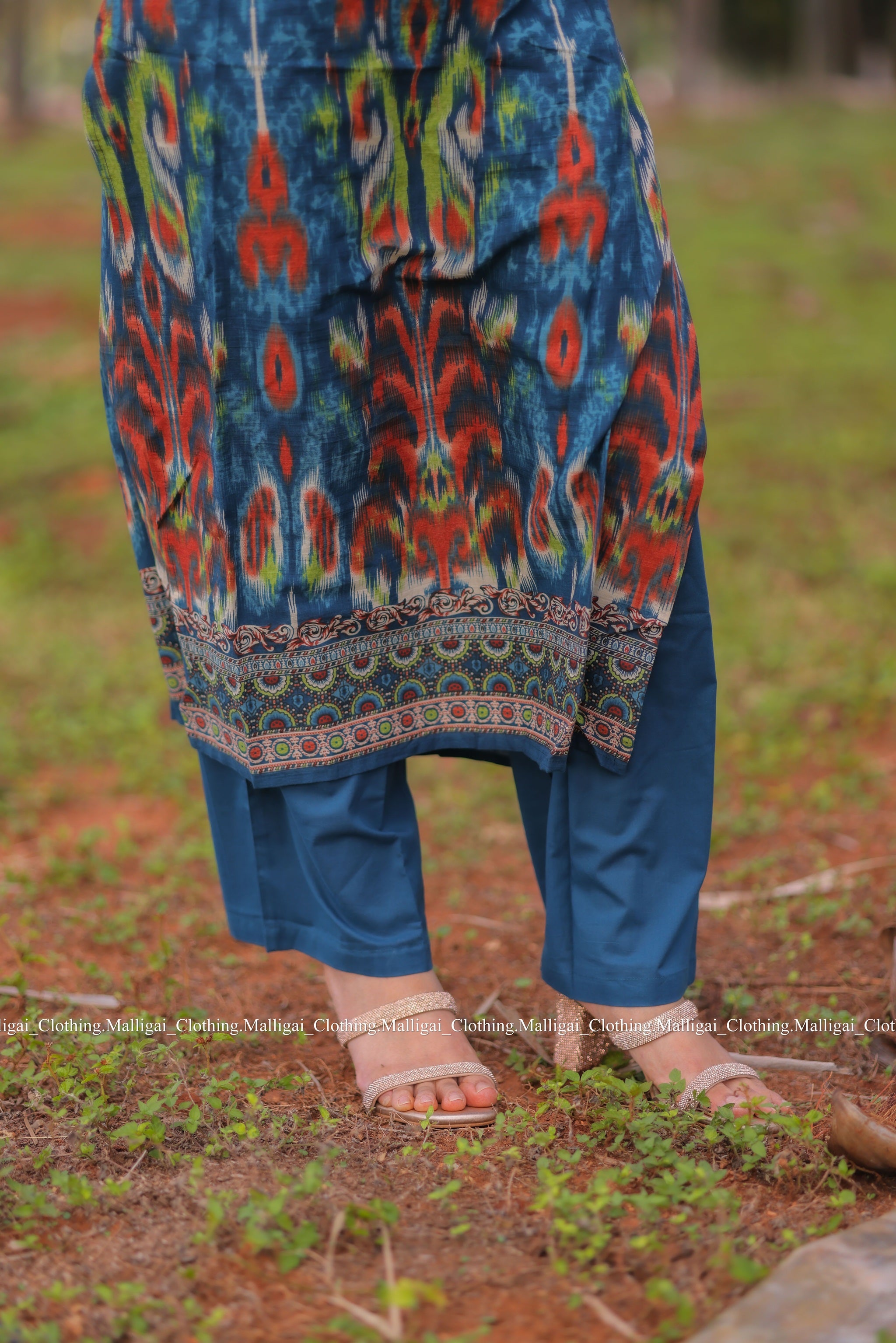 Blue Ikat inspired Geometric print Cotton Kurta with Trousers and Dupatta