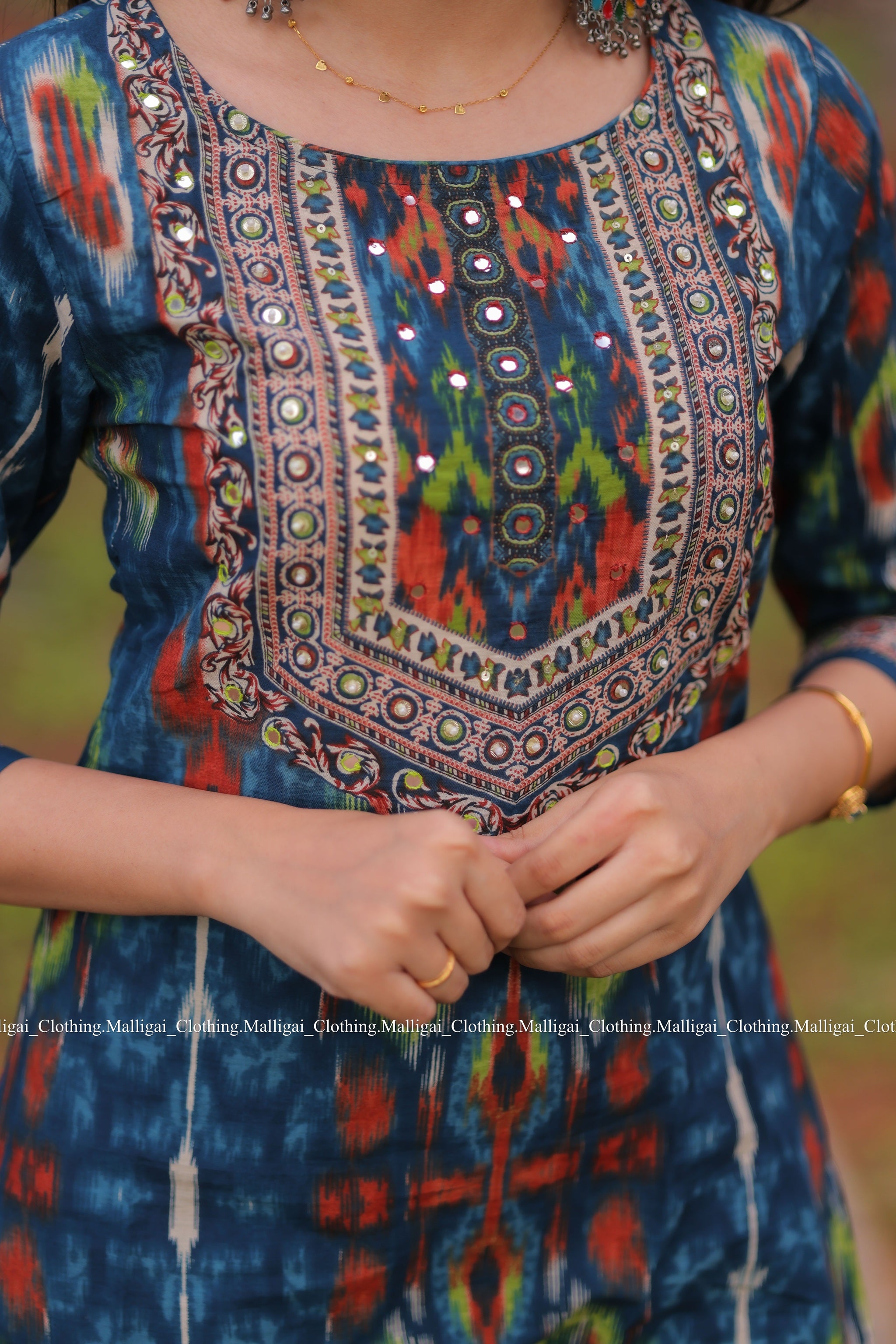 Blue Ikat inspired Geometric print Cotton Kurta with Trousers and Dupatta