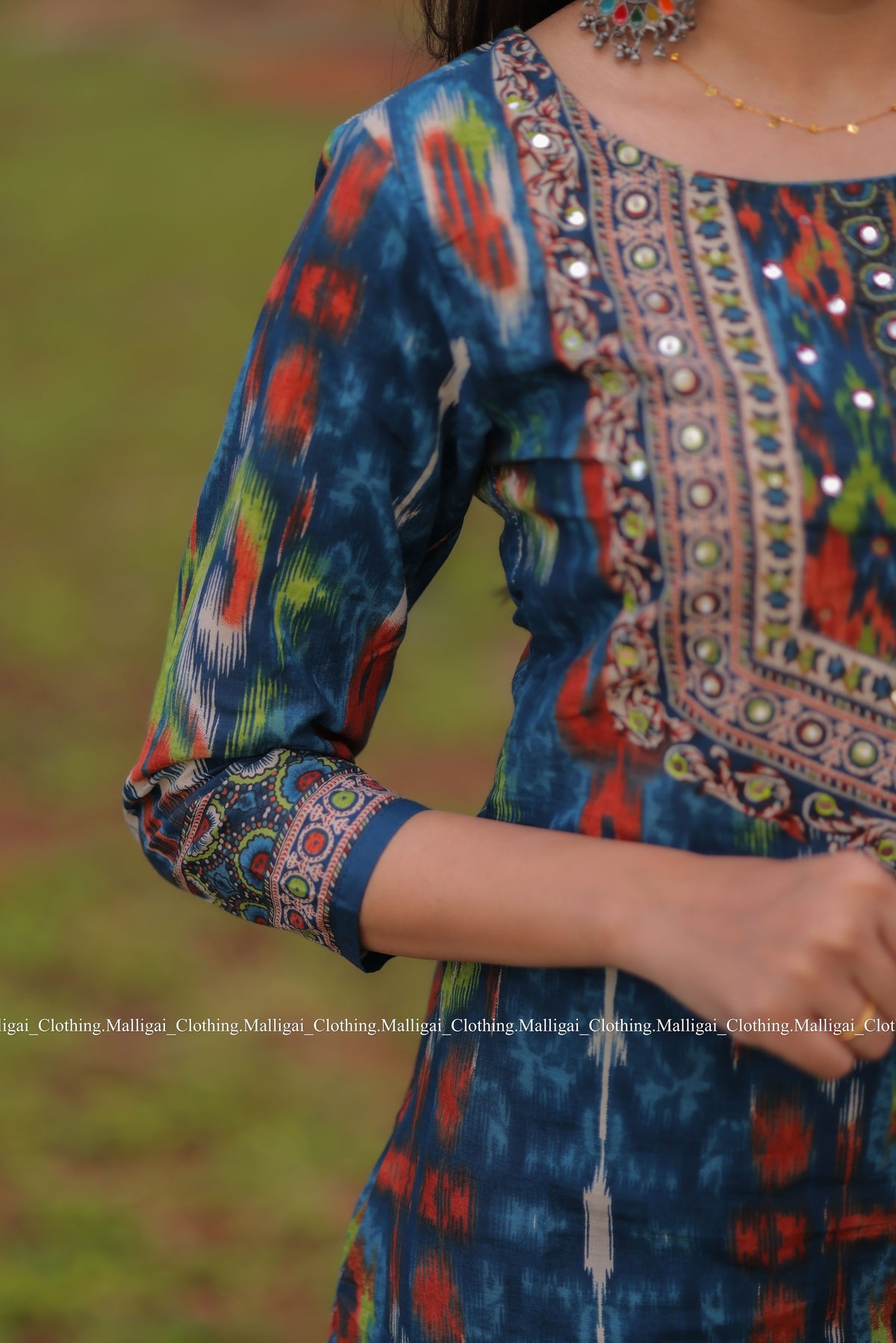 Blue Ikat inspired Geometric print Cotton Kurta with Trousers and Dupatta