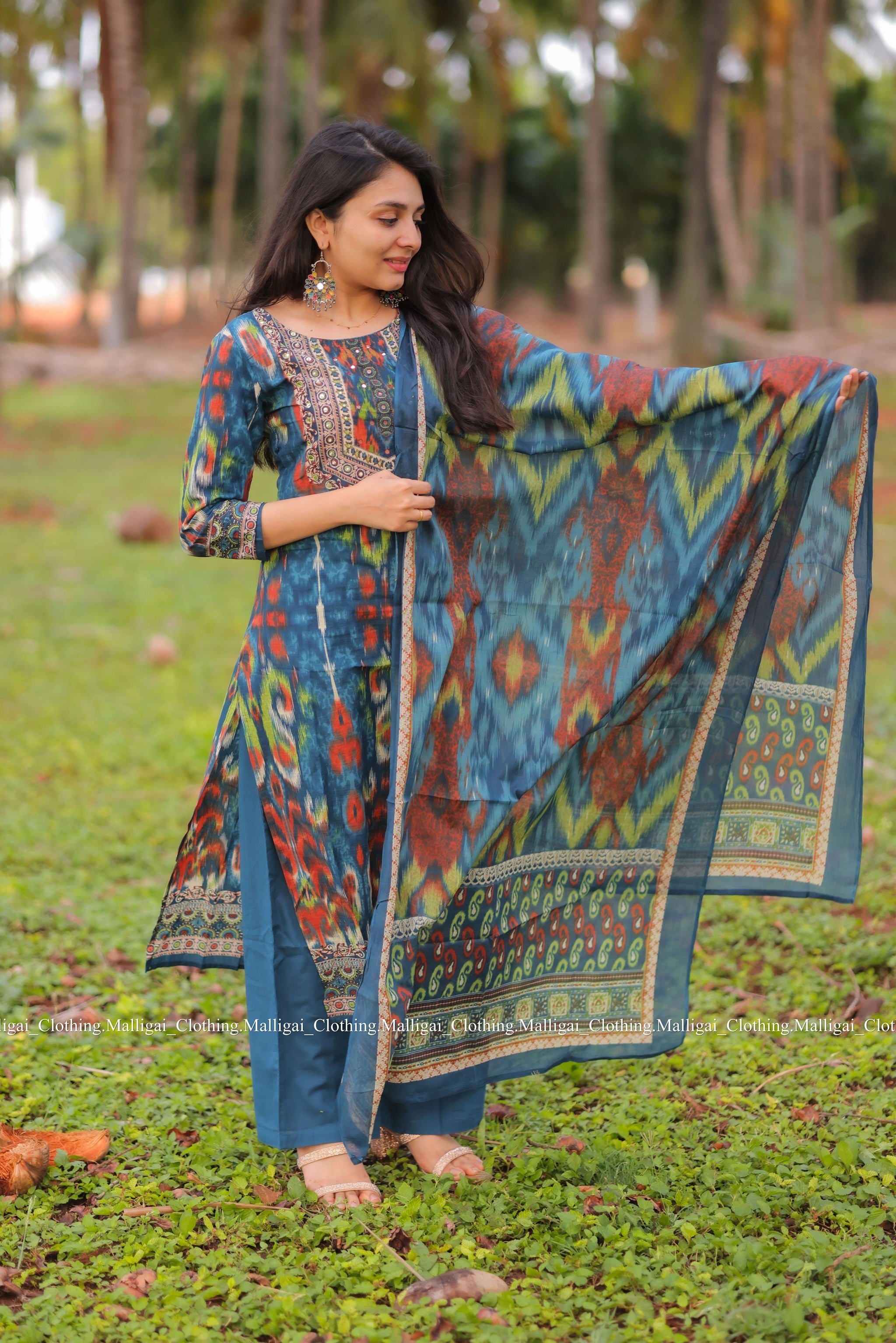 Blue Ikat inspired Geometric print Cotton Kurta with Trousers and Dupatta