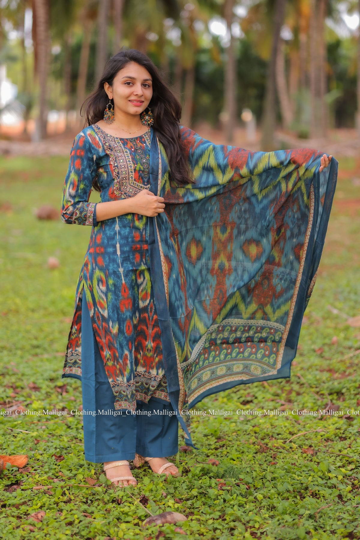 Blue Ikat inspired Geometric print Cotton Kurta with Trousers and Dupatta