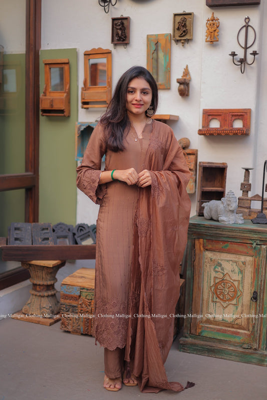 Chocolate Brown Silk - 3 Piece Salwar Suit