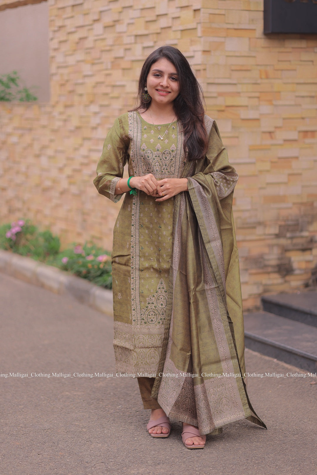 Bottle Green Silk Handloom Salwar Suit Set with Top, Pant and Dupatta with Pockets