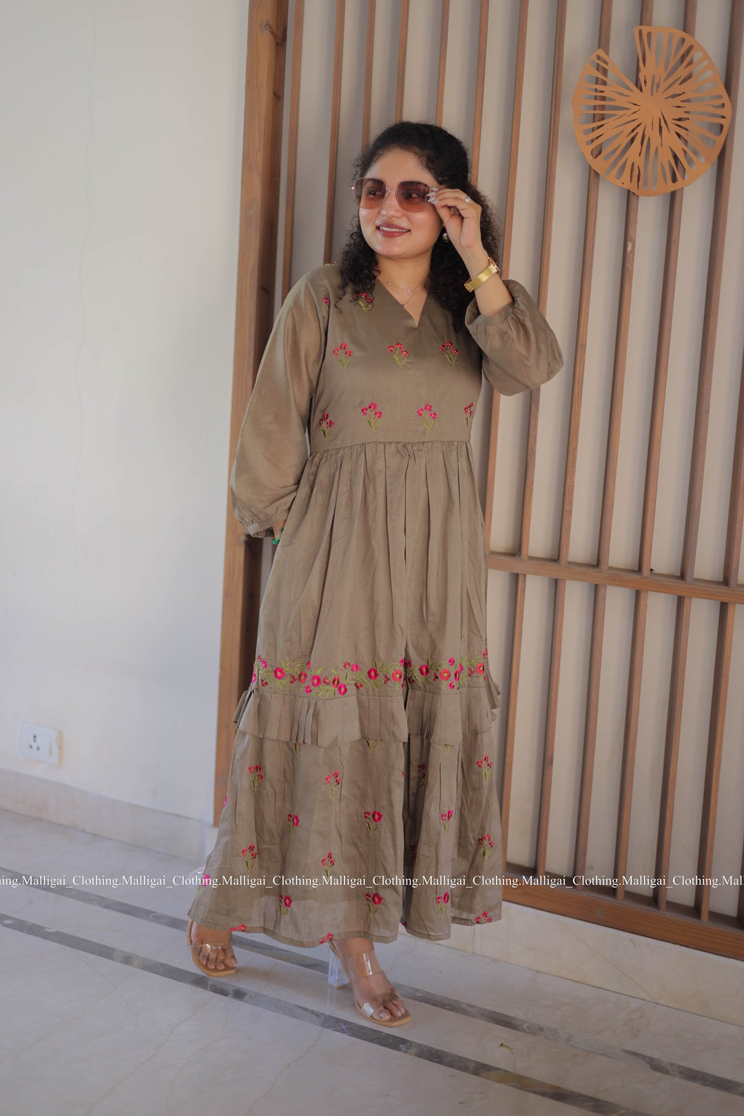 Chanderi Silk Long Dress with floral embroidery pattern