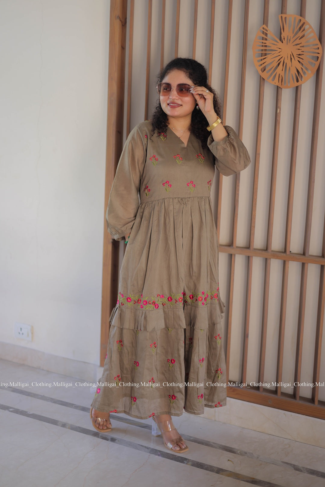 Chanderi Silk Long Dress with floral embroidery pattern
