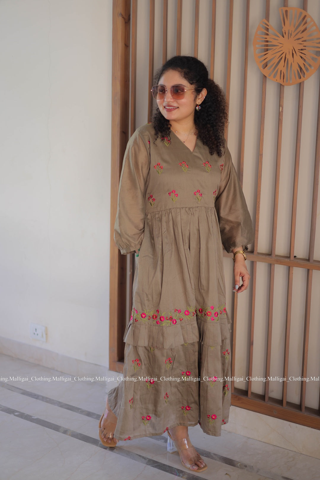 Chanderi Silk Long Dress with floral embroidery pattern