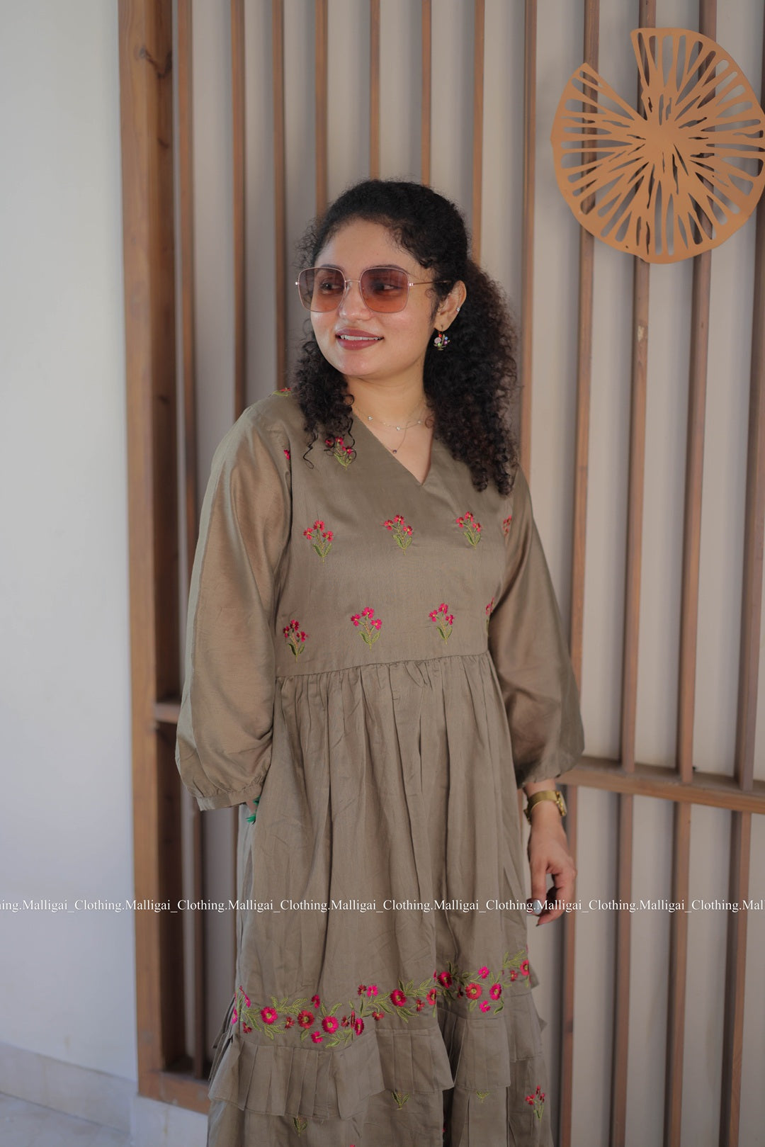 Chanderi Silk Long Dress with floral embroidery pattern