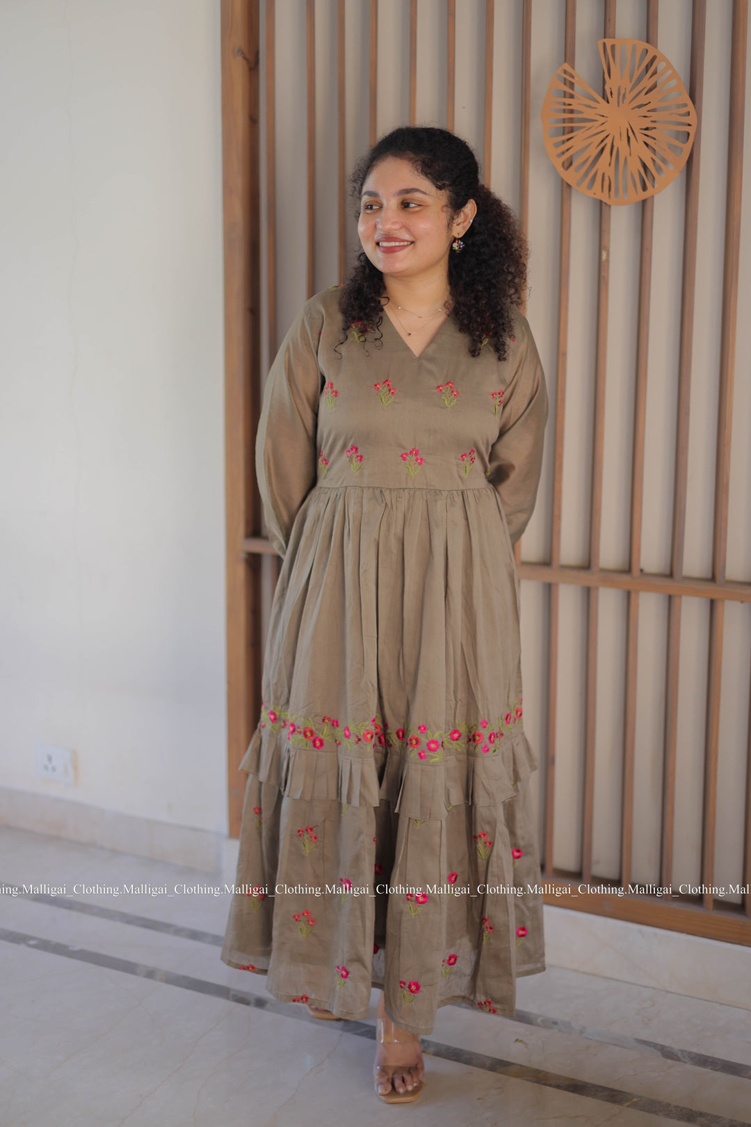 Chanderi Silk Long Dress with floral embroidery pattern