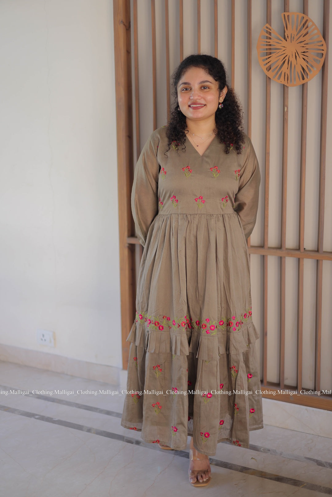 Chanderi Silk Long Dress with floral embroidery pattern