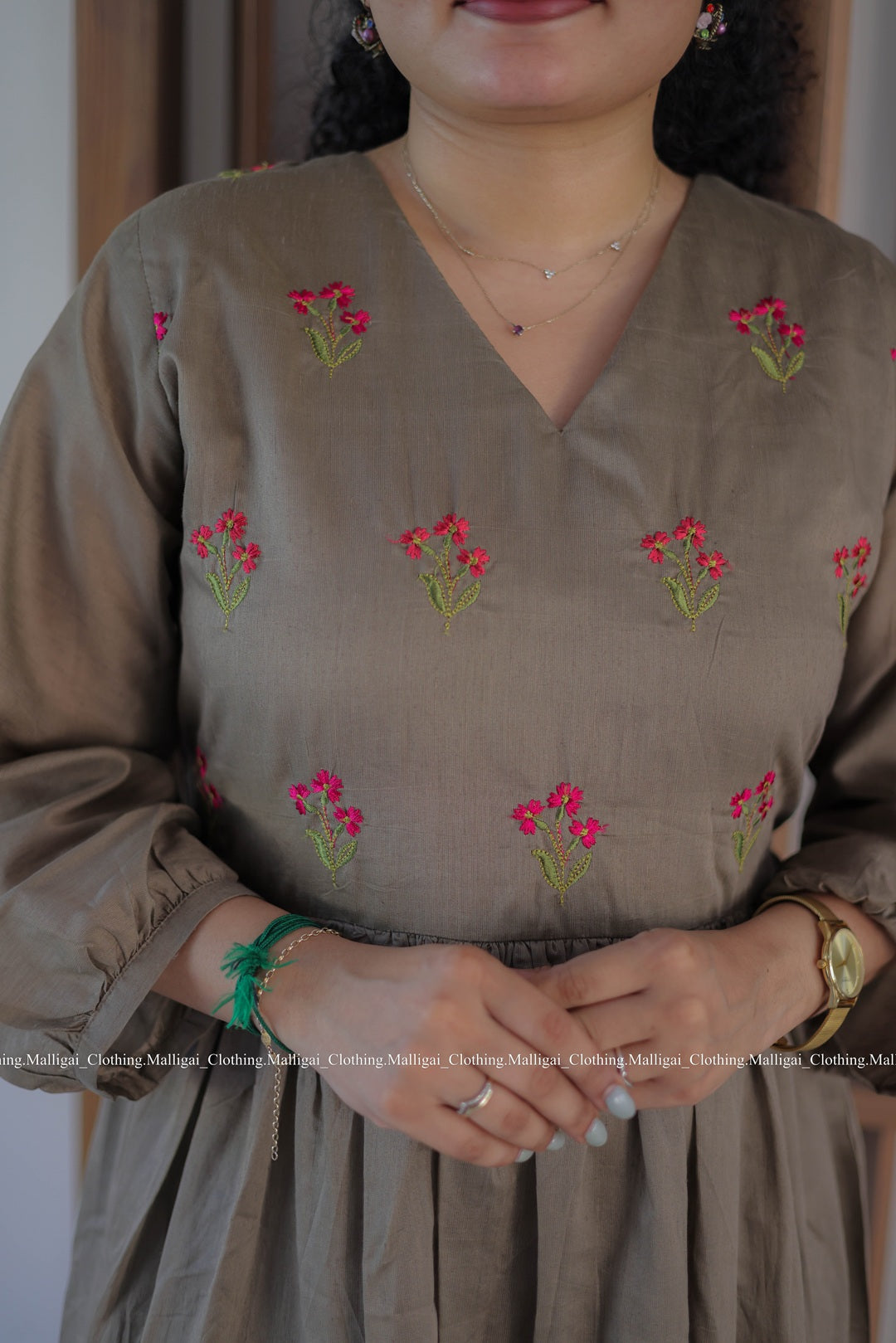 Chanderi Silk Long Dress with floral embroidery pattern