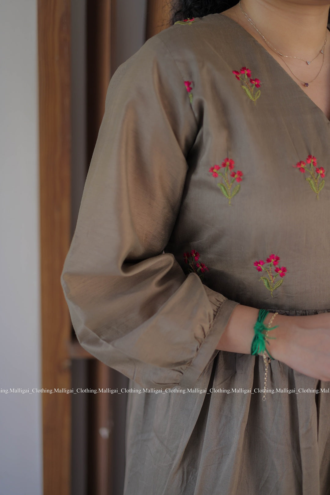 Chanderi Silk Long Dress with floral embroidery pattern