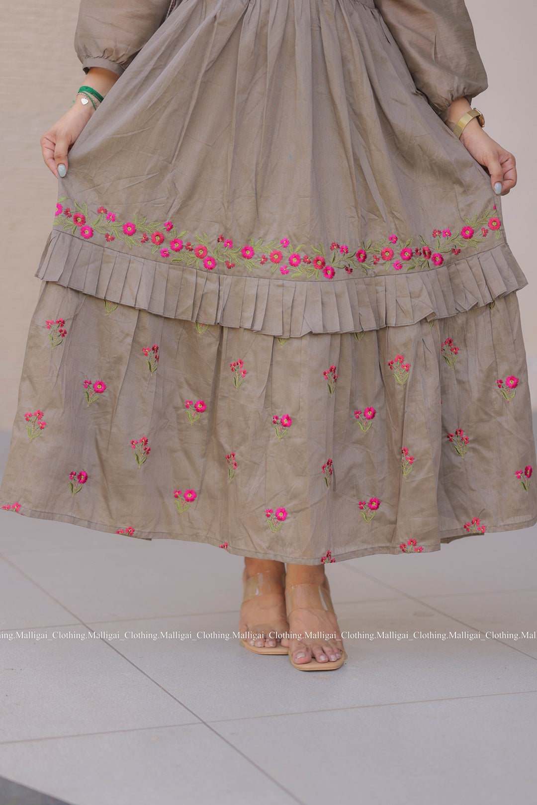Chanderi Silk Long Dress with floral embroidery pattern