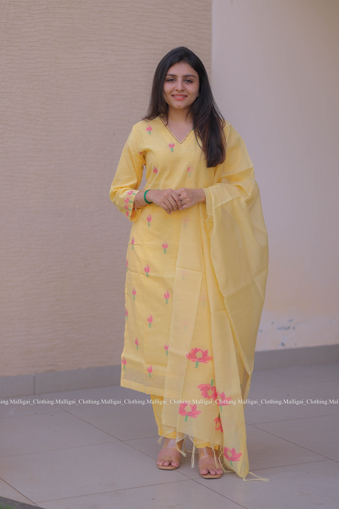 Jamdani Handloom Salwar Suit Set with Top, Pant and Dupatta with Pockets - Yellow