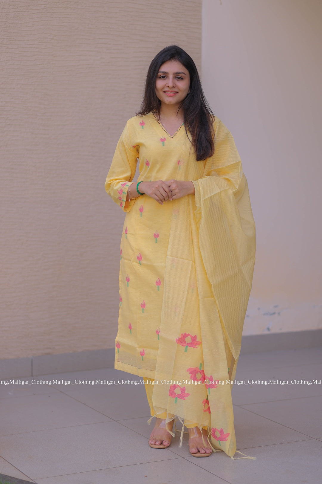 Jamdani Handloom Salwar Suit Set with Top, Pant and Dupatta with Pockets - Yellow