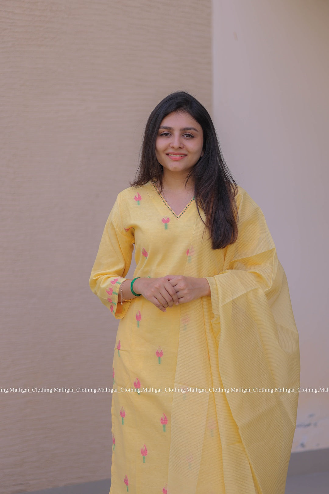 Jamdani Handloom Salwar Suit Set with Top, Pant and Dupatta with Pockets - Yellow