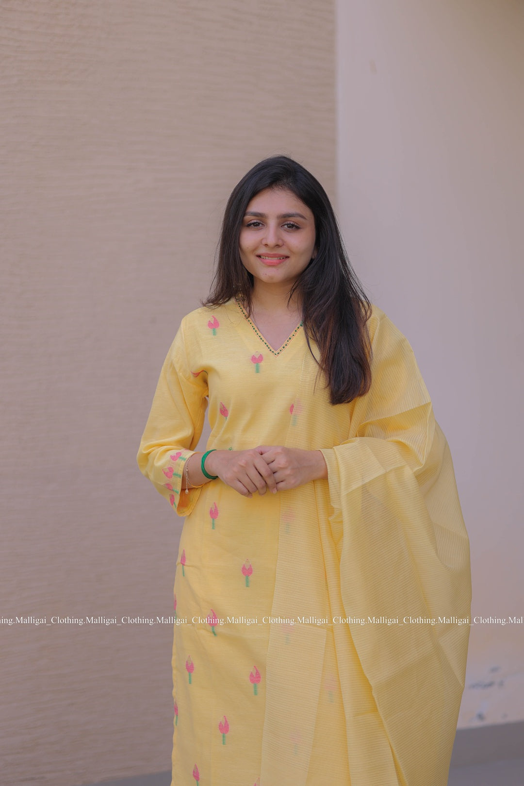 Jamdani Handloom Salwar Suit Set with Top, Pant and Dupatta with Pockets - Yellow