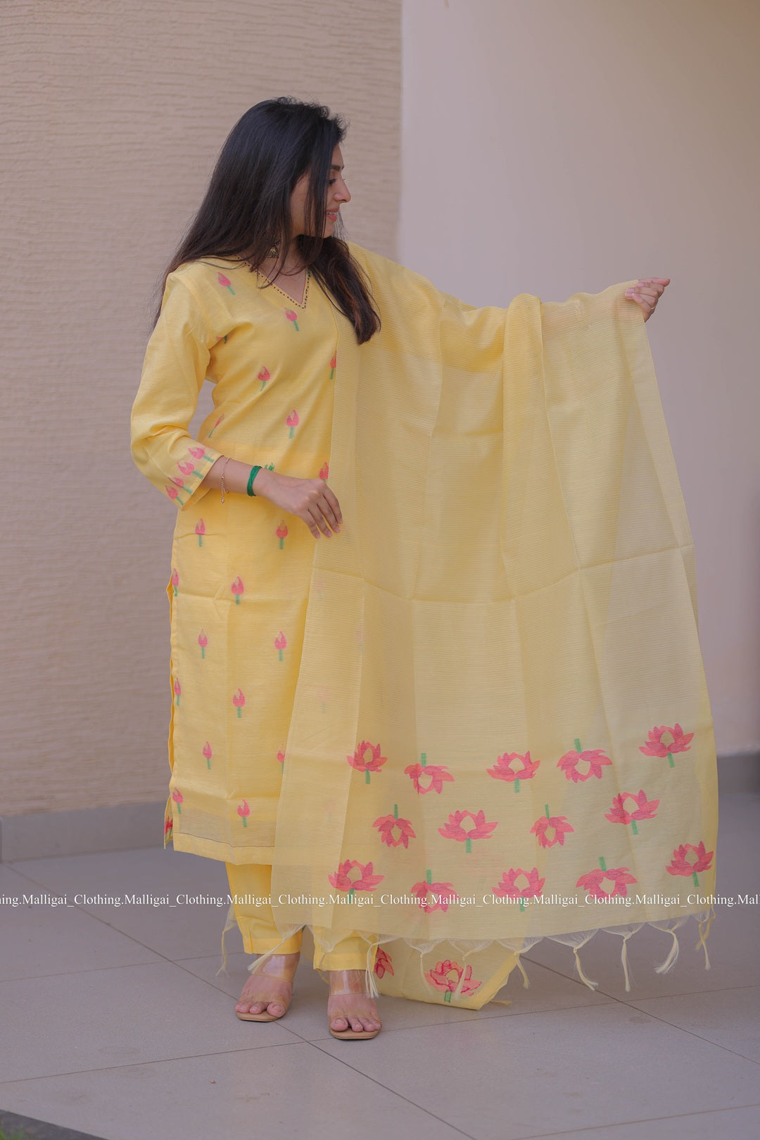 Jamdani Handloom Salwar Suit Set with Top, Pant and Dupatta with Pockets - Yellow