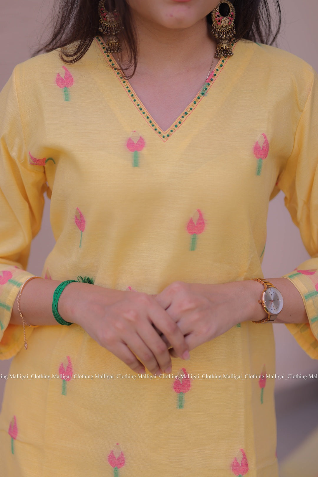 Jamdani Handloom Salwar Suit Set with Top, Pant and Dupatta with Pockets - Yellow
