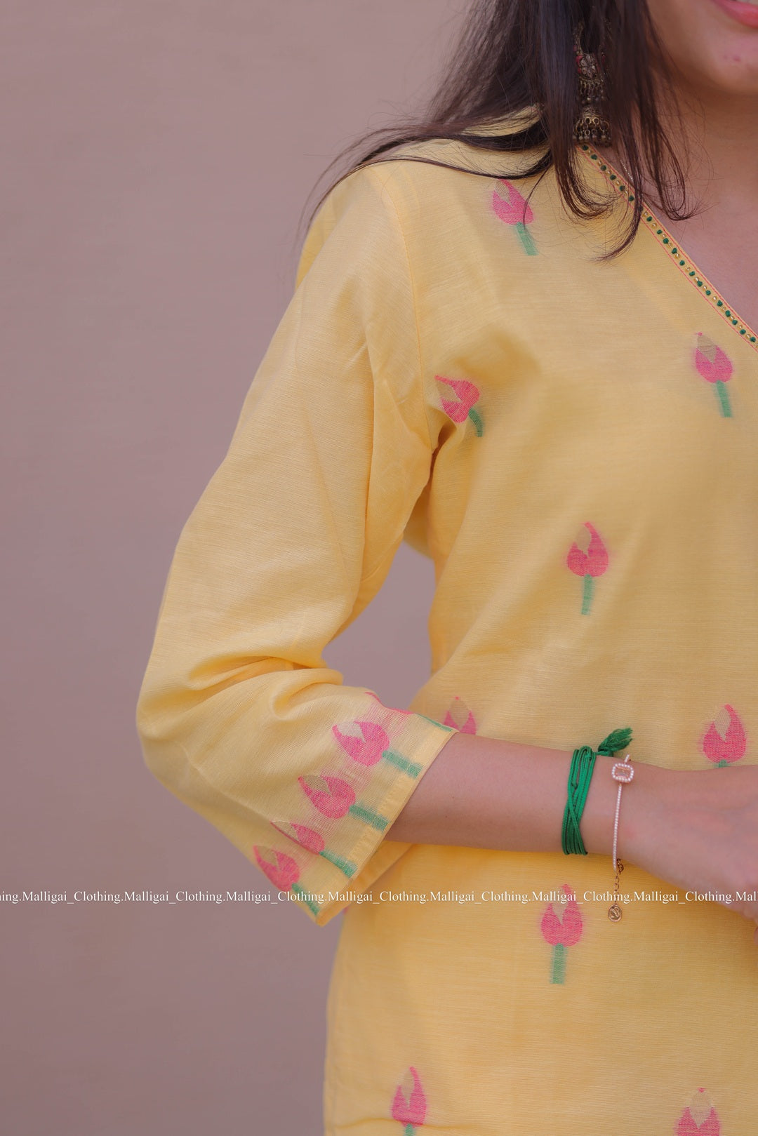 Jamdani Handloom Salwar Suit Set with Top, Pant and Dupatta with Pockets - Yellow