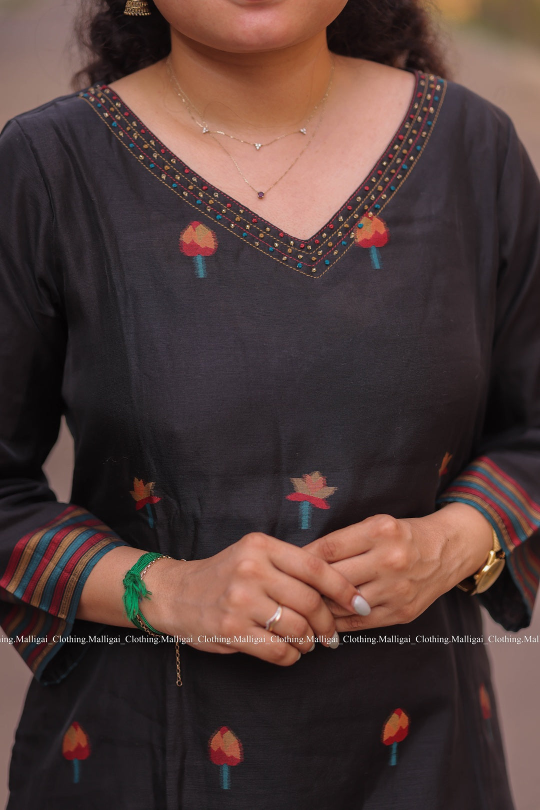 Jamdani Handloom Salwar Suit Set with Top, Pant and Dupatta with Pockets - Black and Maroon
