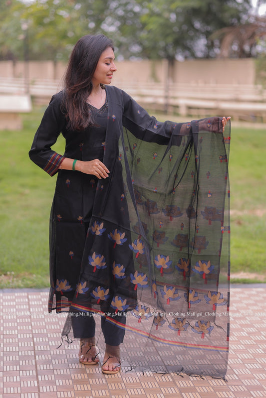 Jamdani Handloom Salwar Suit Set with Top, Pant and Dupatta with Pockets - Black and Blue
