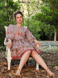 WOMEN'S BEIGE PINK BLOSSOM BREEZE: PRINTED COTTON SHORT DRESS